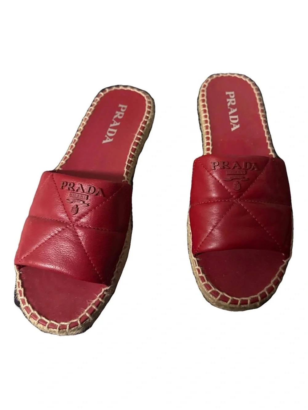 Prada Red Quilted Leather Espadrille Slides